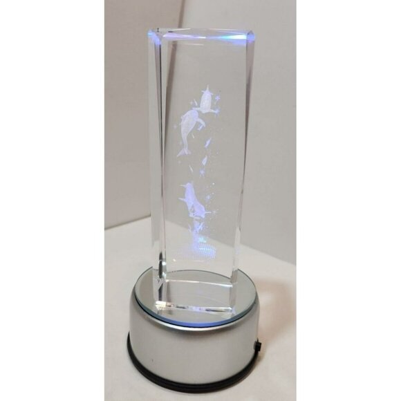 3D Laser Etched Dolphins Crystal Paperweight w/Lighting Base - Picture 13 of 16